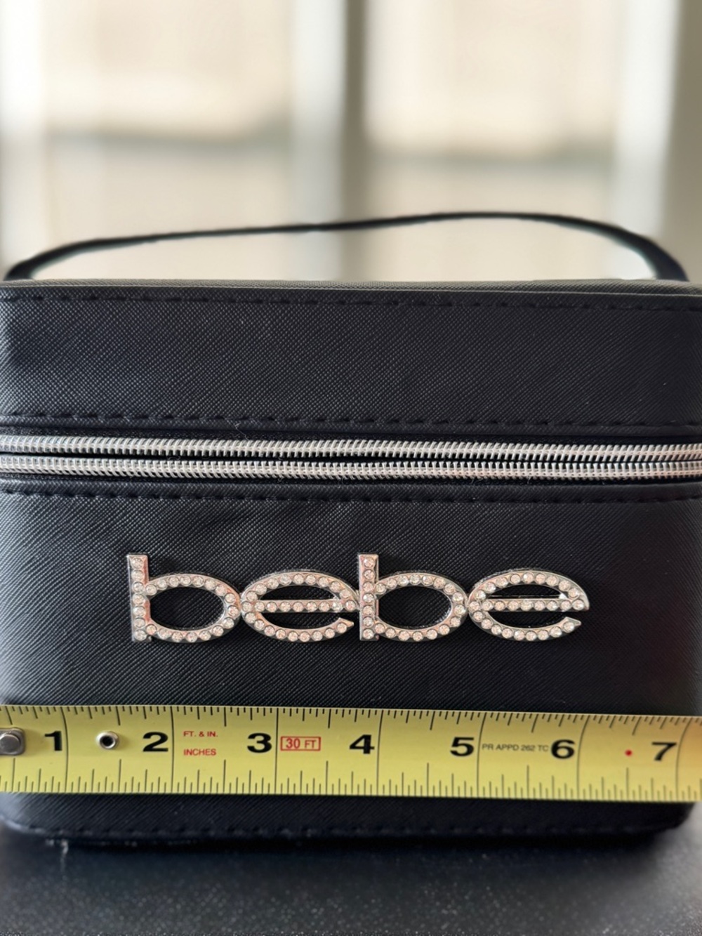 Black “Bebe” Bling Rhinestone Logo Hard Shell Makeup Case with Top Handle - Picture 4 of 9